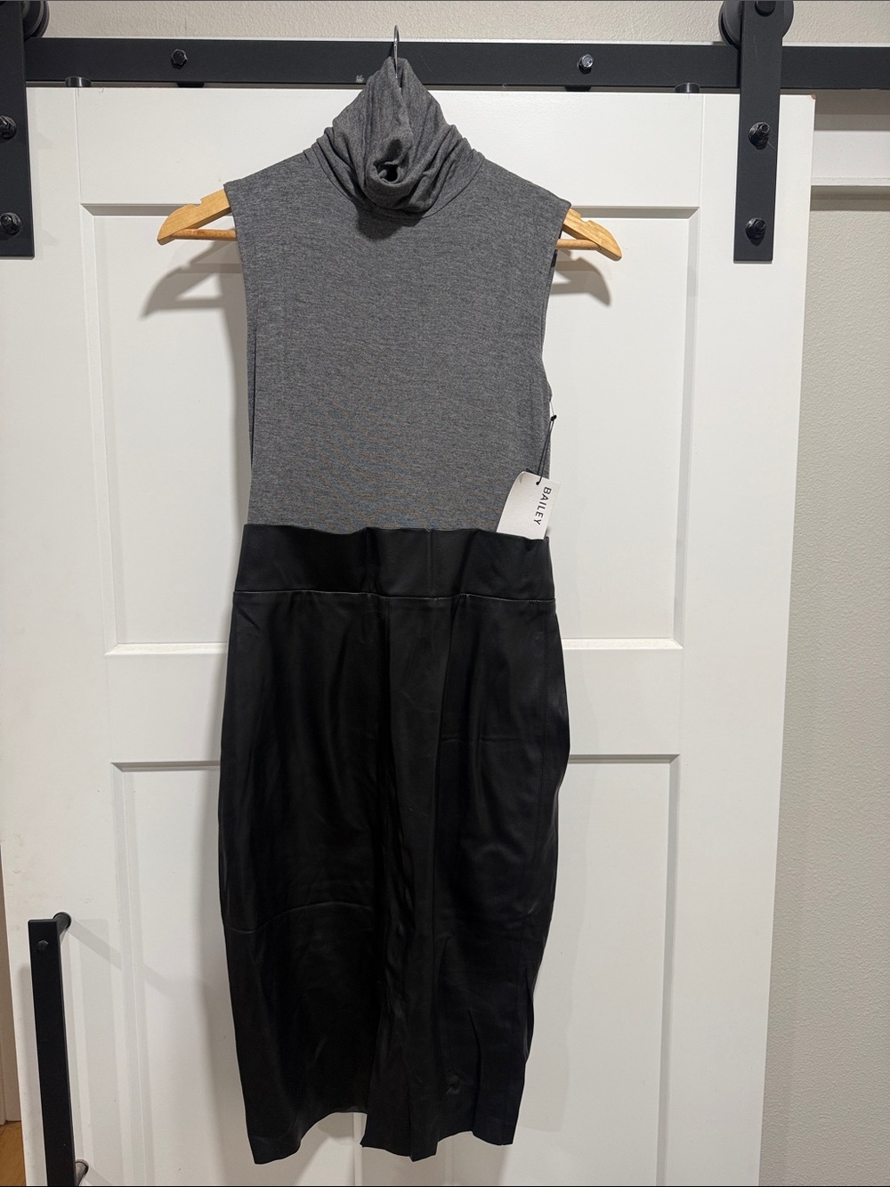 Bailey 44 Gray Knit Turtleneck with Black Leather-Look Skirt Midi Dress NWT